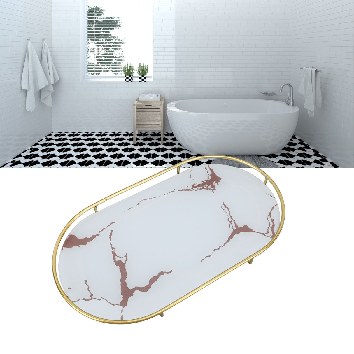 Bathroom Storage Tray Light Luxury Decorative Golden Texture Oval Bathroom Organiser Tray for Soap Towel Paper Napkins Jewellery Makeup White Base