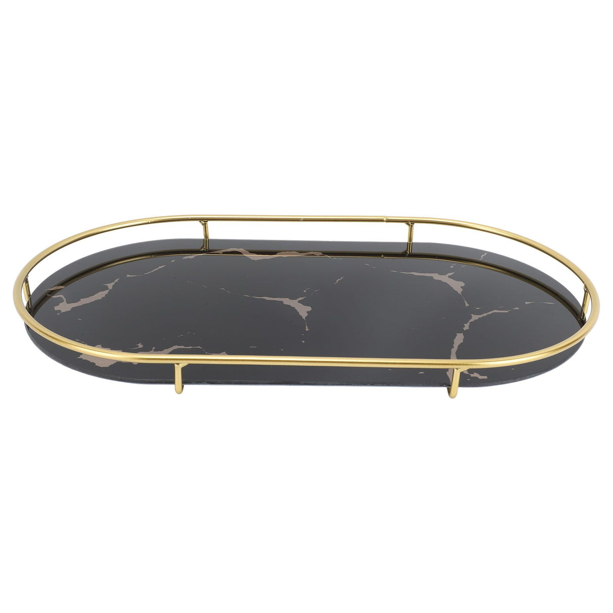 Bathroom Storage Tray Light Luxury Decorative Golden Texture Oval Bathroom Organiser Tray for Soap Towel Paper Napkins Jewellery Makeup Black Base