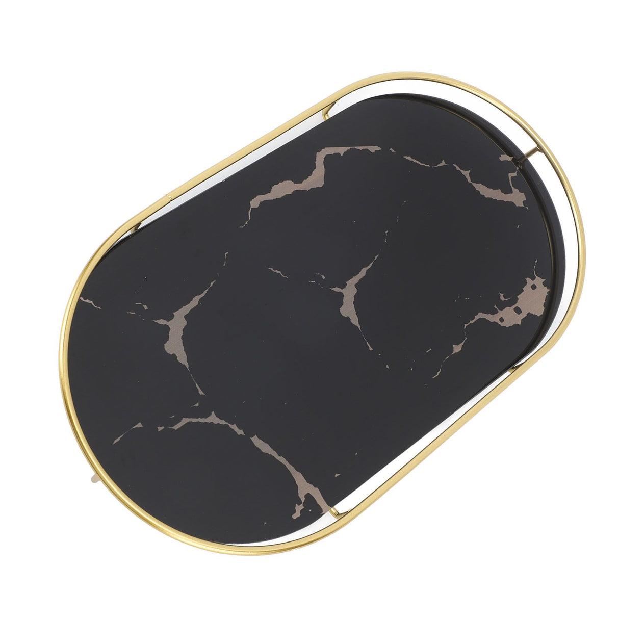 Bathroom Storage Tray Light Luxury Decorative Golden Texture Oval Bathroom Organiser Tray for Soap Towel Paper Napkins Jewellery Makeup Black Base
