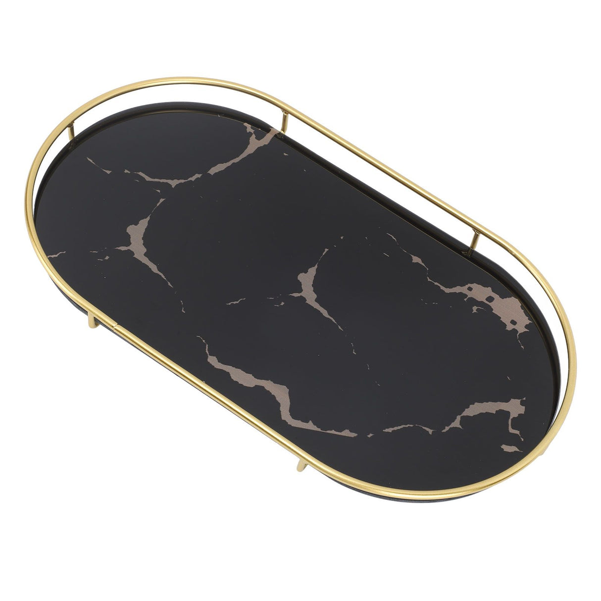 Bathroom Storage Tray Light Luxury Decorative Golden Texture Oval Bathroom Organiser Tray for Soap Towel Paper Napkins Jewellery Makeup Black Base