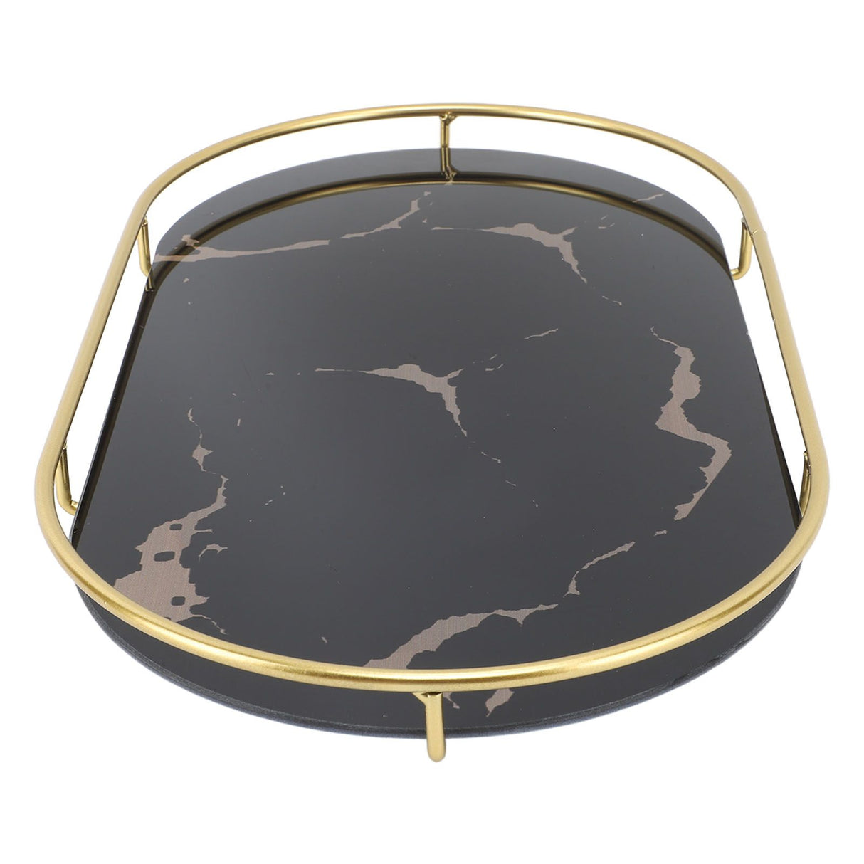 Bathroom Storage Tray Light Luxury Decorative Golden Texture Oval Bathroom Organiser Tray for Soap Towel Paper Napkins Jewellery Makeup Black Base
