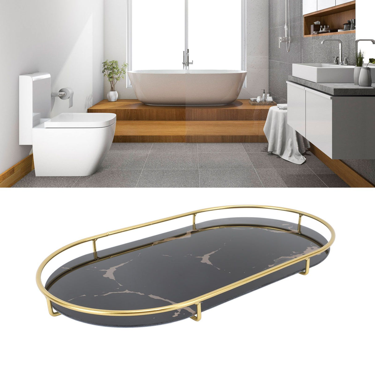 Bathroom Storage Tray Light Luxury Decorative Golden Texture Oval Bathroom Organiser Tray for Soap Towel Paper Napkins Jewellery Makeup Black Base
