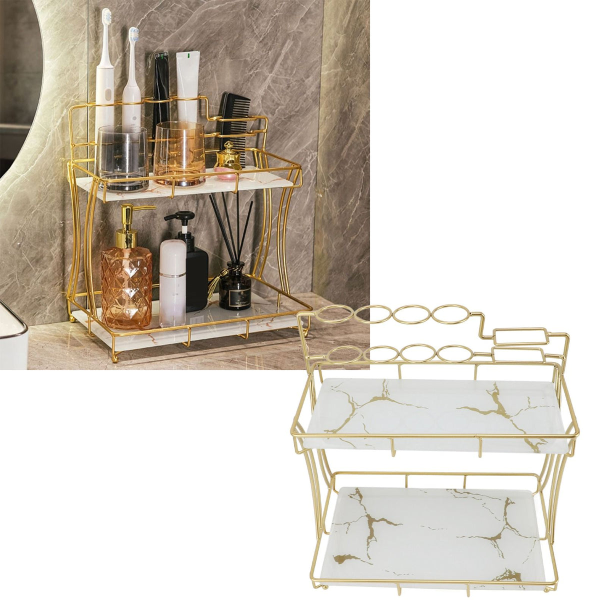 Countertop Storage Rack Double Layer Waterproof Counter Organizer Shelf with Electric Toothbrush Holder for Bathroom White Background Gold Grain