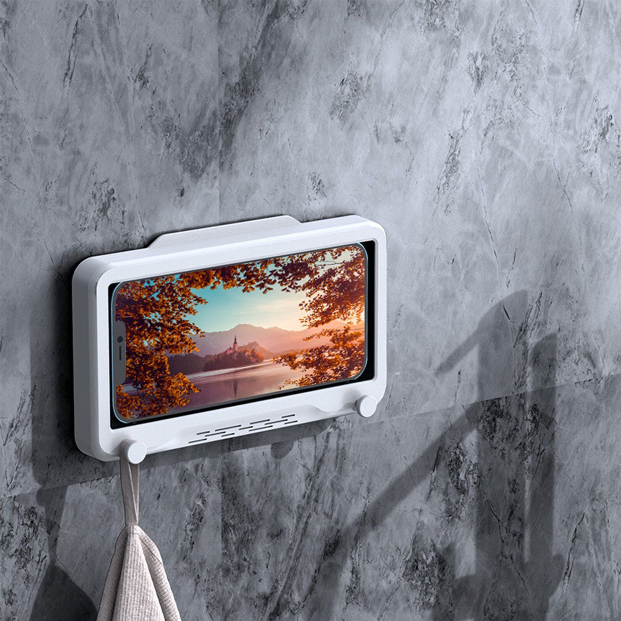 Shower Cell Phone Holder Bathroom 360 Degree Rotatable Drill Free Waterproof Wall Mounted Cell Phone Case White