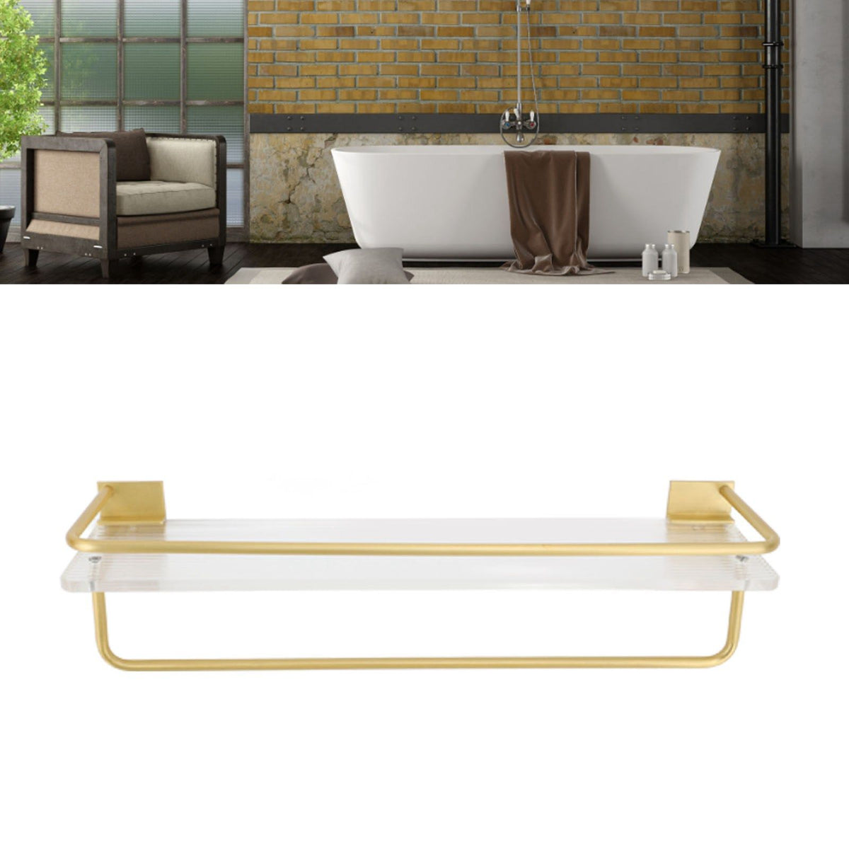 Bathroom Wall Shelf Space Aluminum and Acrylic Rustproof Punch Free Wall Mounted Floating Shelves 40cm Gold