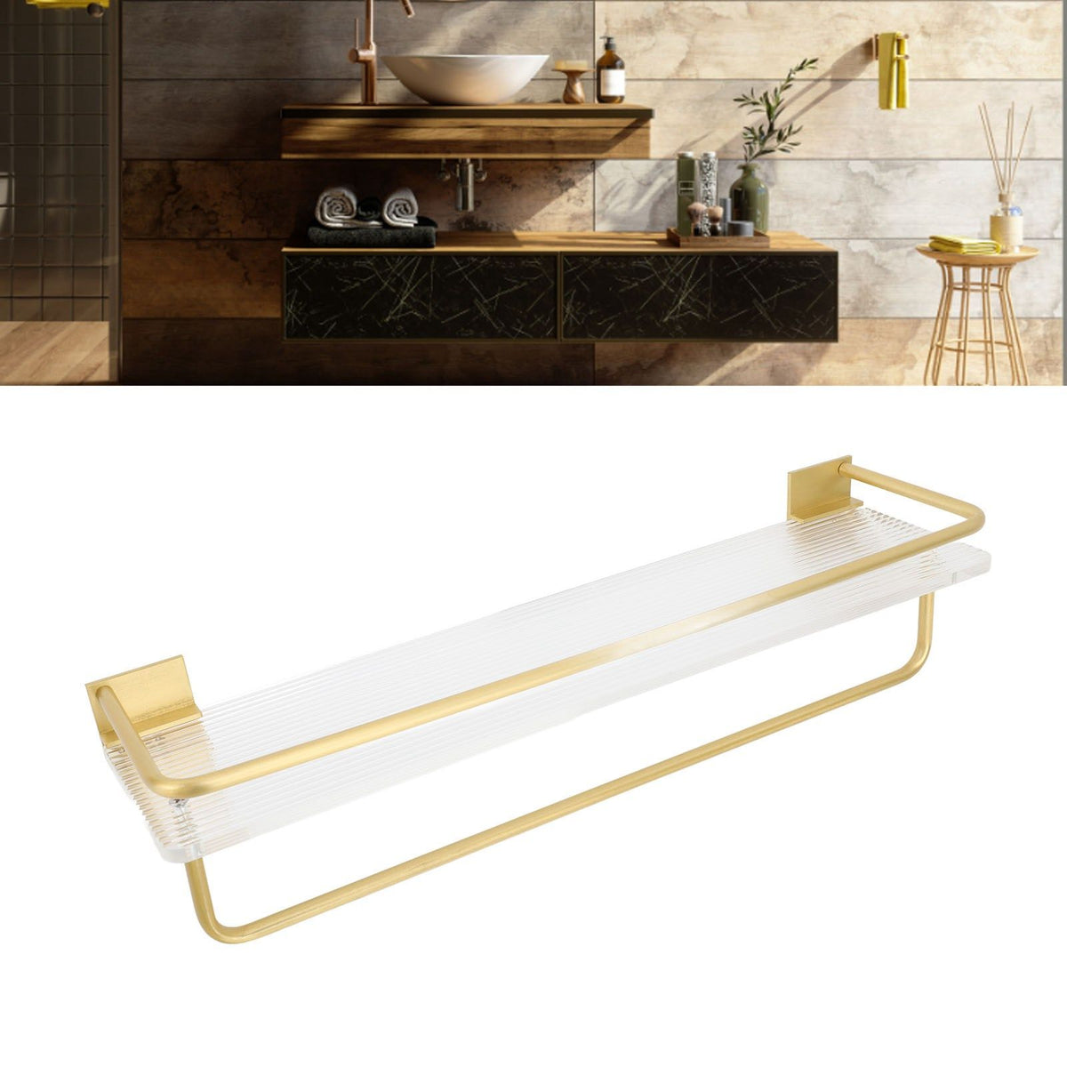 Bathroom Wall Shelf Space Aluminum and Acrylic Rustproof Punch Free Wall Mounted Floating Shelves 40cm Gold