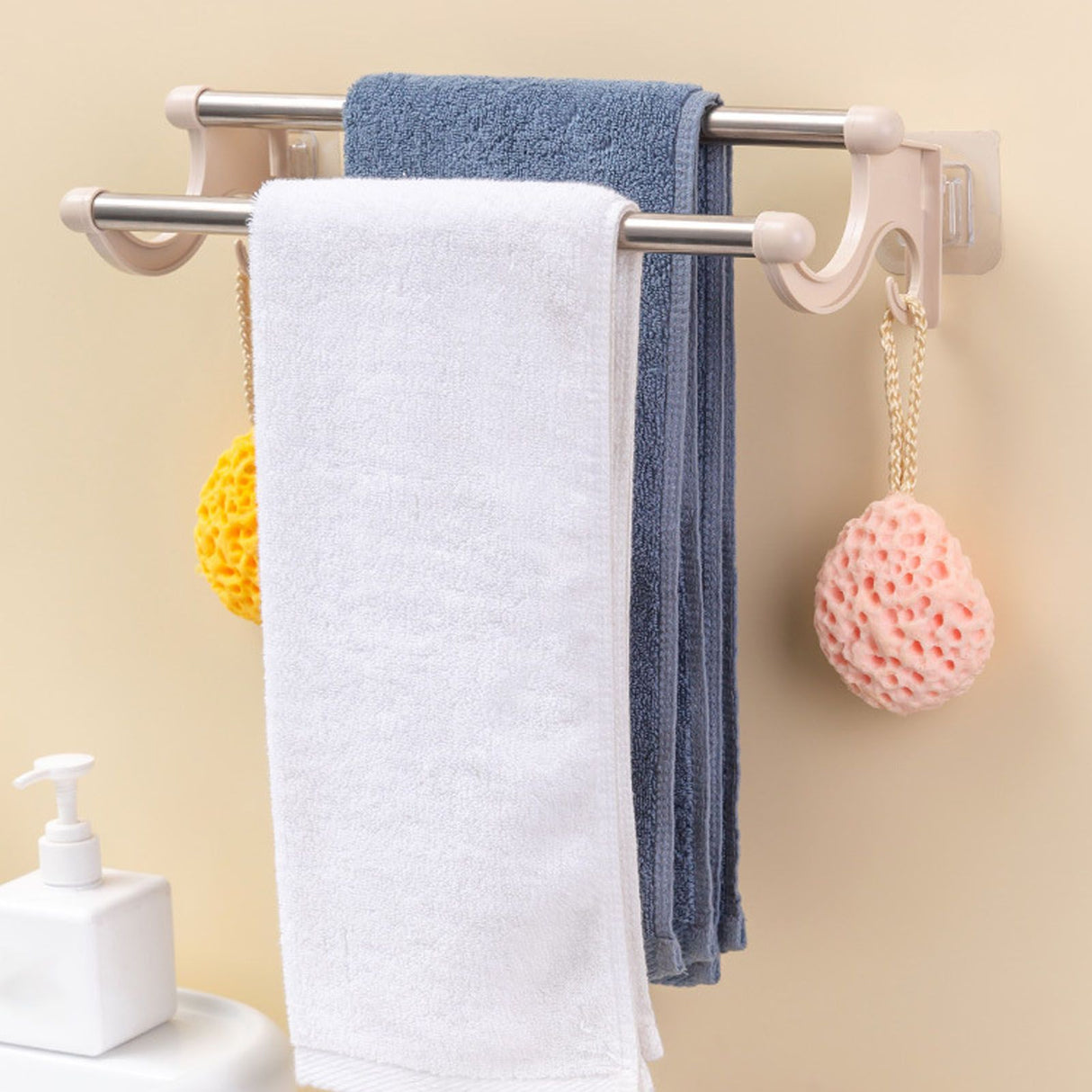 Double Towel Bar Plastic Stainless Steel Bath Towel Rack for Bathroom Double Towel Holder Wall Mount Towel Hanger Beige