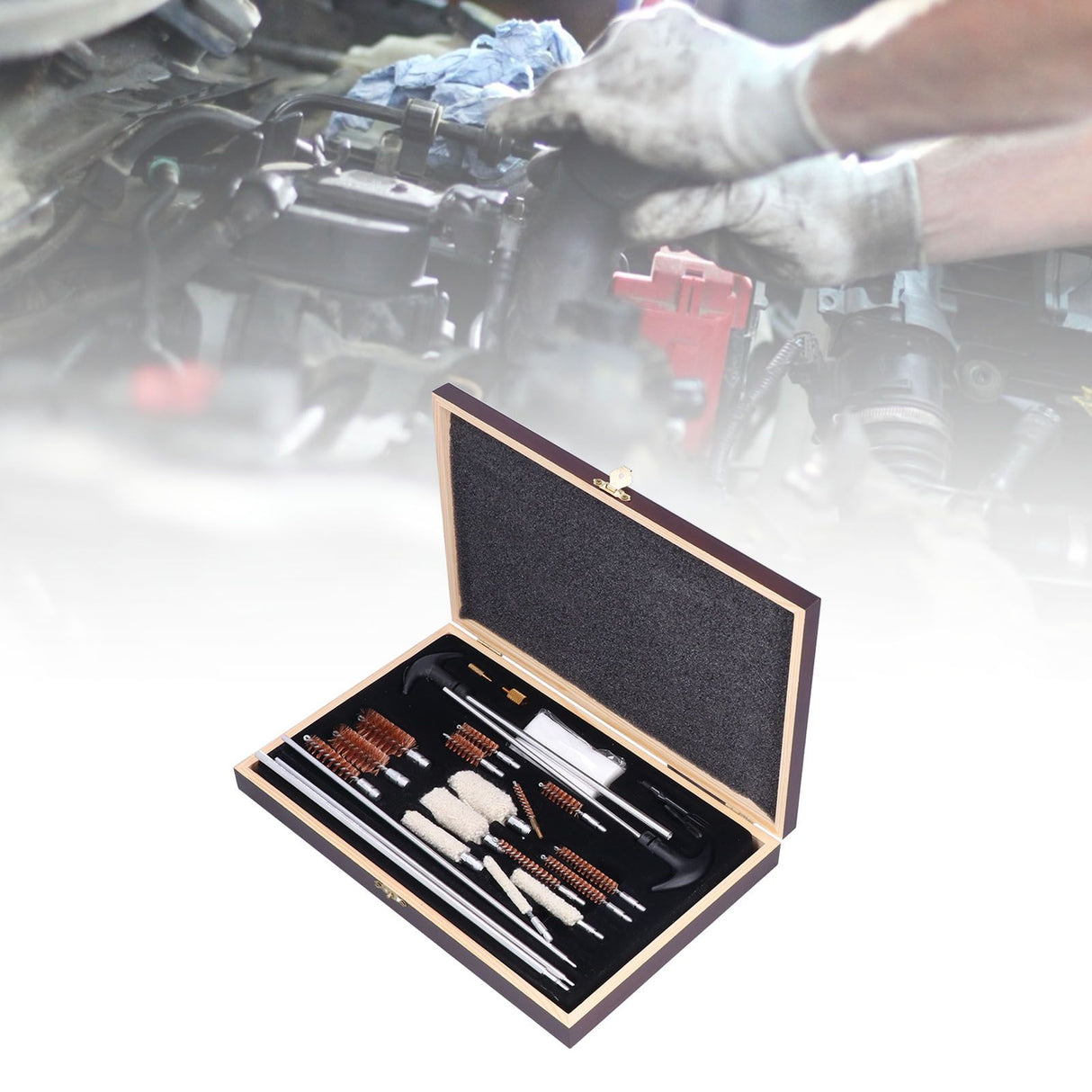 Gun Cleaning Kits Prevent Scratches Easily Storage Electrical Maintenance Cleaning Brush for AutomobileGK06 Aluminum Rod Wooden Box Set 24 Woolly