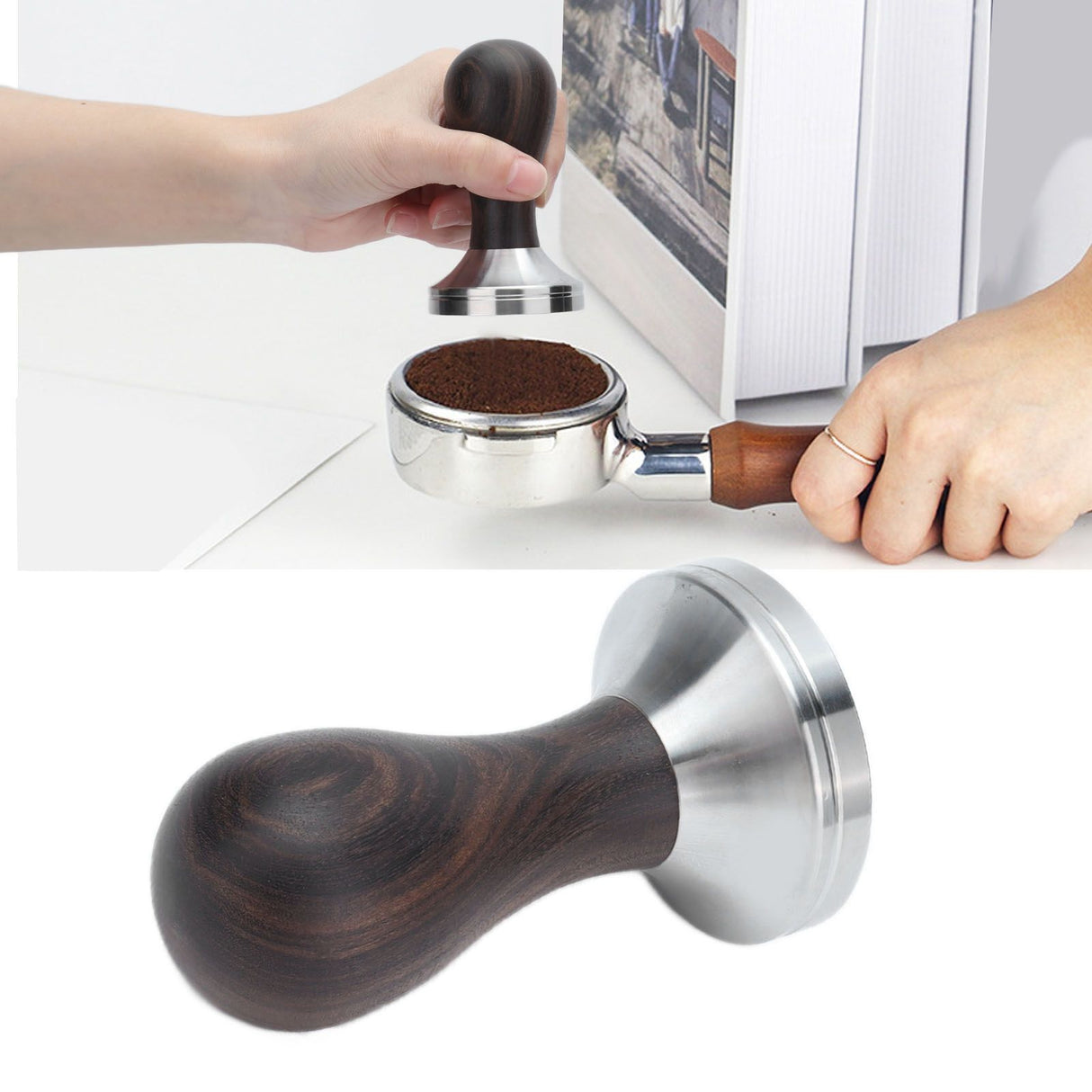53mm Coffee Powder Tamper Stainless Steel Coffee Hammer with Wood Handle for Home Office