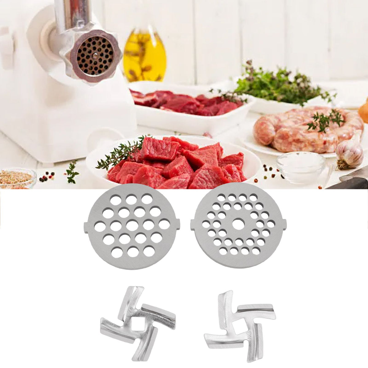 Stainless Steel Meat Grinder Plate Discs Grinding Blades for Food Grinder Attachment 2 Sharp Blades 2 Cutting Plates