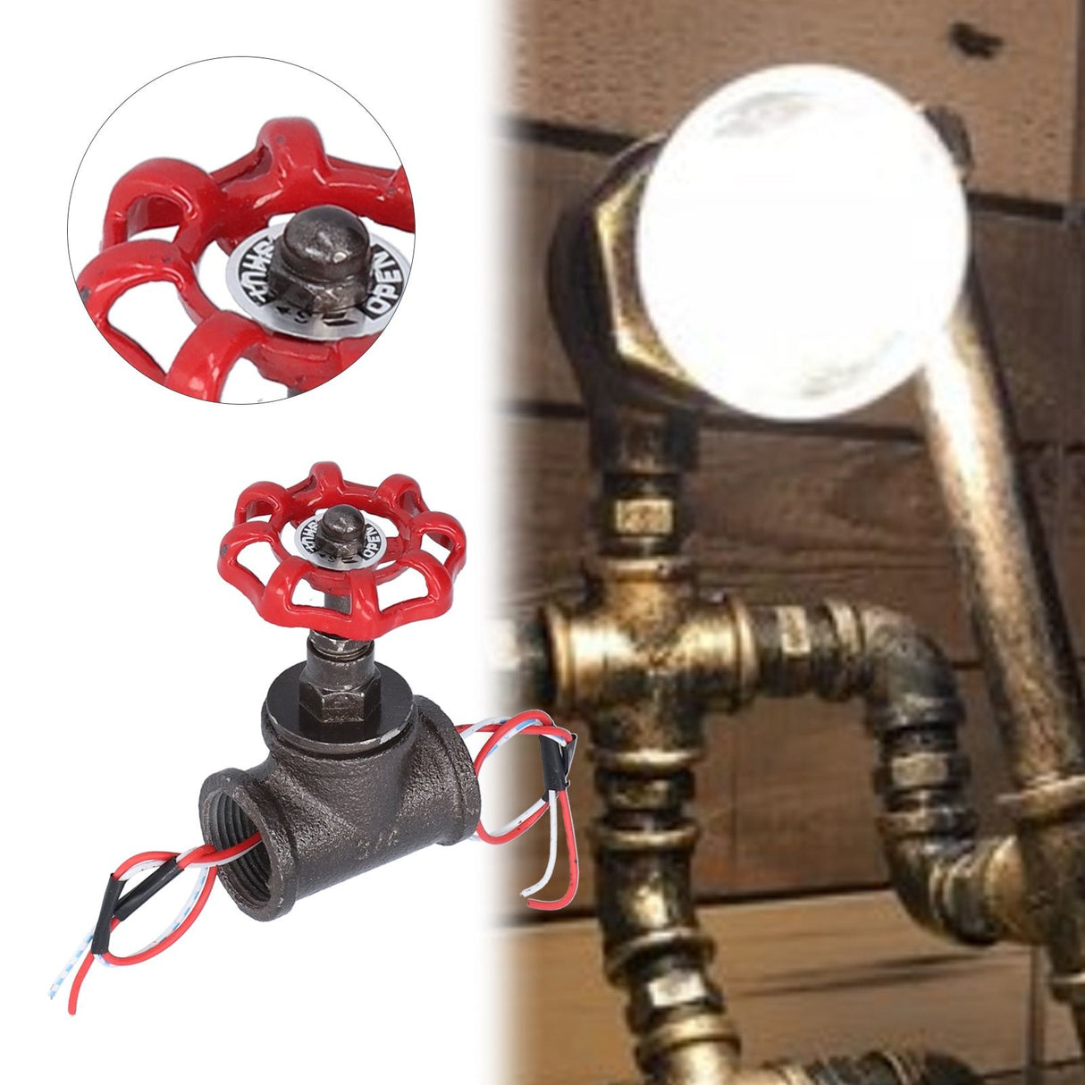 Vintage 3/4in Stop Valve Rotating Light Switch with Electric Wire for Steampunk Lamps Table Lamps