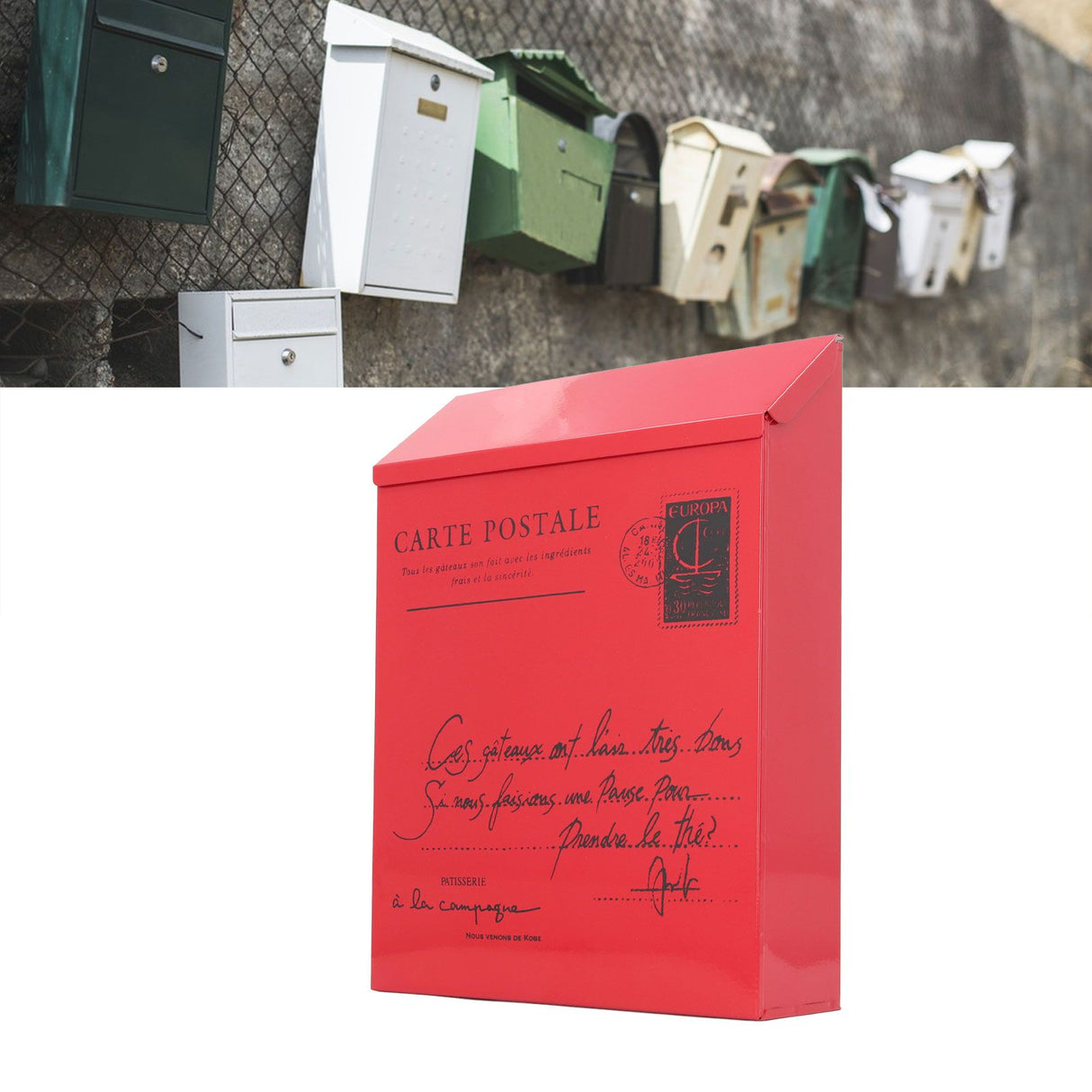 Iron Mailbox Wall Mounted Rustic Style Locked with 2 Keys 3 Hooks Waterproof Suggestion Box for Home Office Small Letters in Red