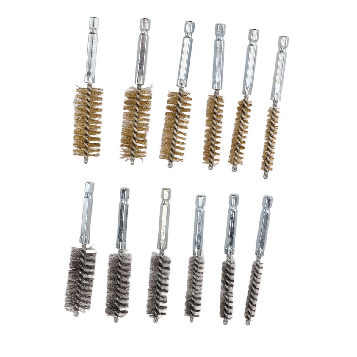 12PCS Bore Brush Copper and Iron 304 Stainless Steel Bristles Wire Brush for Power Drill with Hex Shank Handle