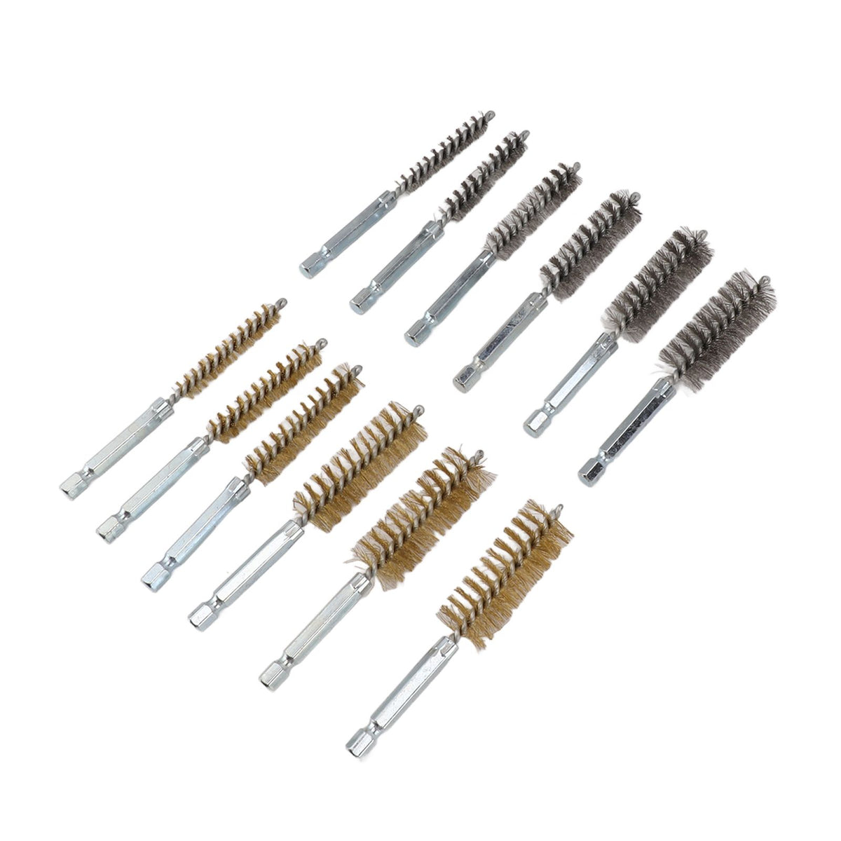 12PCS Bore Brush Copper and Iron 304 Stainless Steel Bristles Wire Brush for Power Drill with Hex Shank Handle