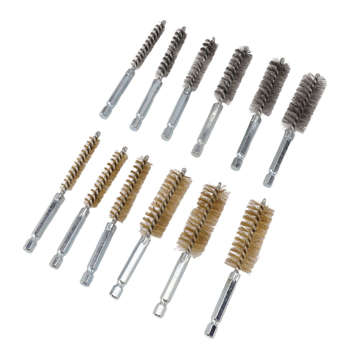 12PCS Bore Brush Copper and Iron 304 Stainless Steel Bristles Wire Brush for Power Drill with Hex Shank Handle