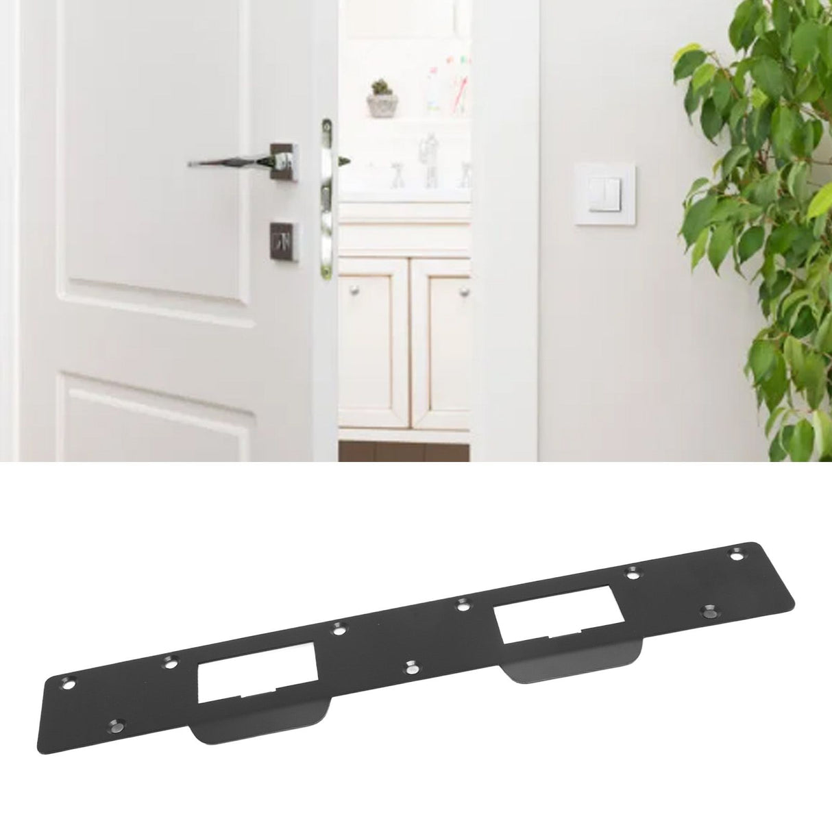 Door Strike Plate Double Holes Steel Reinforced Strong Easy Install Security Stike for 5‑1/2in to 6in Hole Center Distance Black