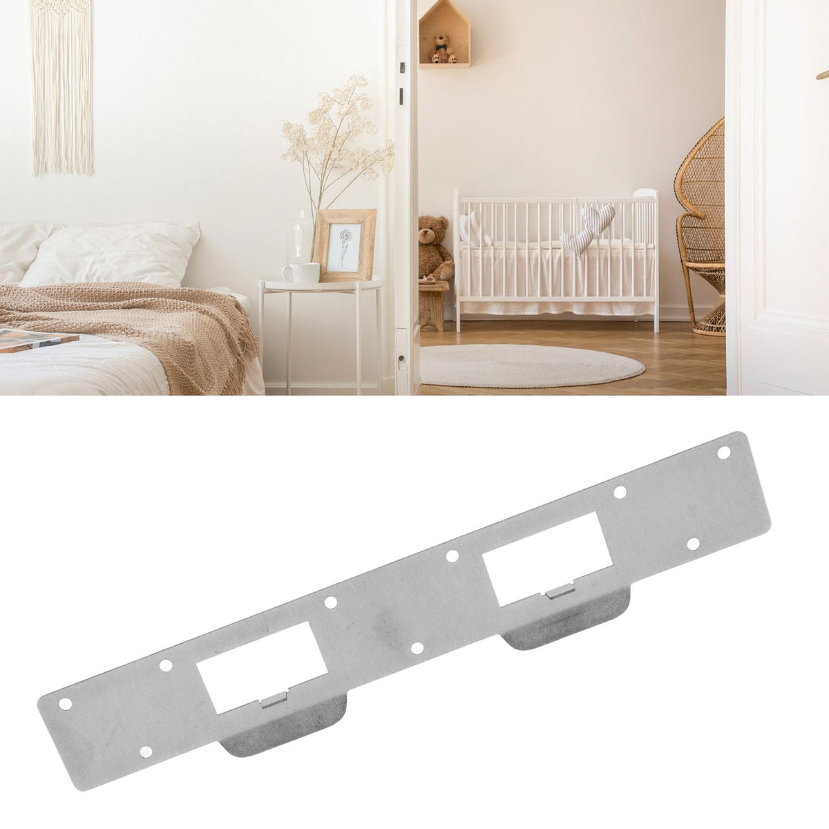 Door Strike Plate Double Holes Steel Reinforced Strong Easy Install Security Stike for 5‑1/2in to 6in Hole Center Distance White