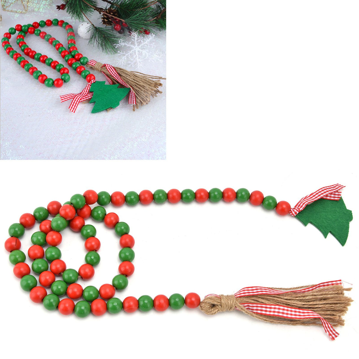 Wood Bead Garland Christmas Tree Tassel Wooden Bead Ornaments for Home Festival Decoration(Red Green )