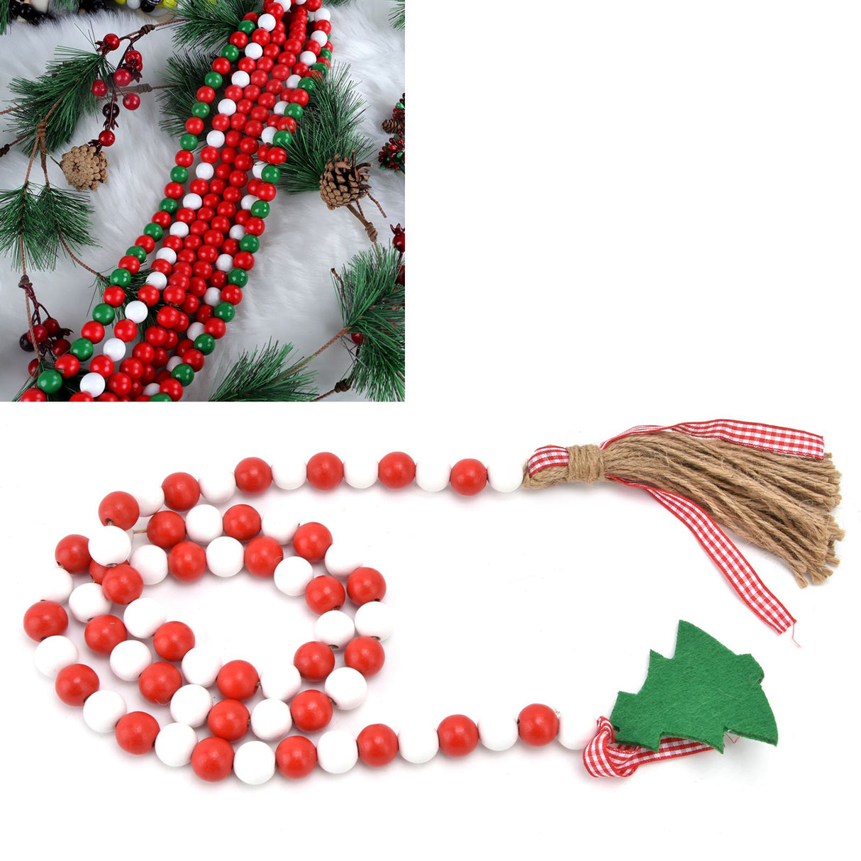 Wood Bead Garland Christmas Tree Tassel Wooden Bead Ornaments for Home Festival Decoration(Red White )