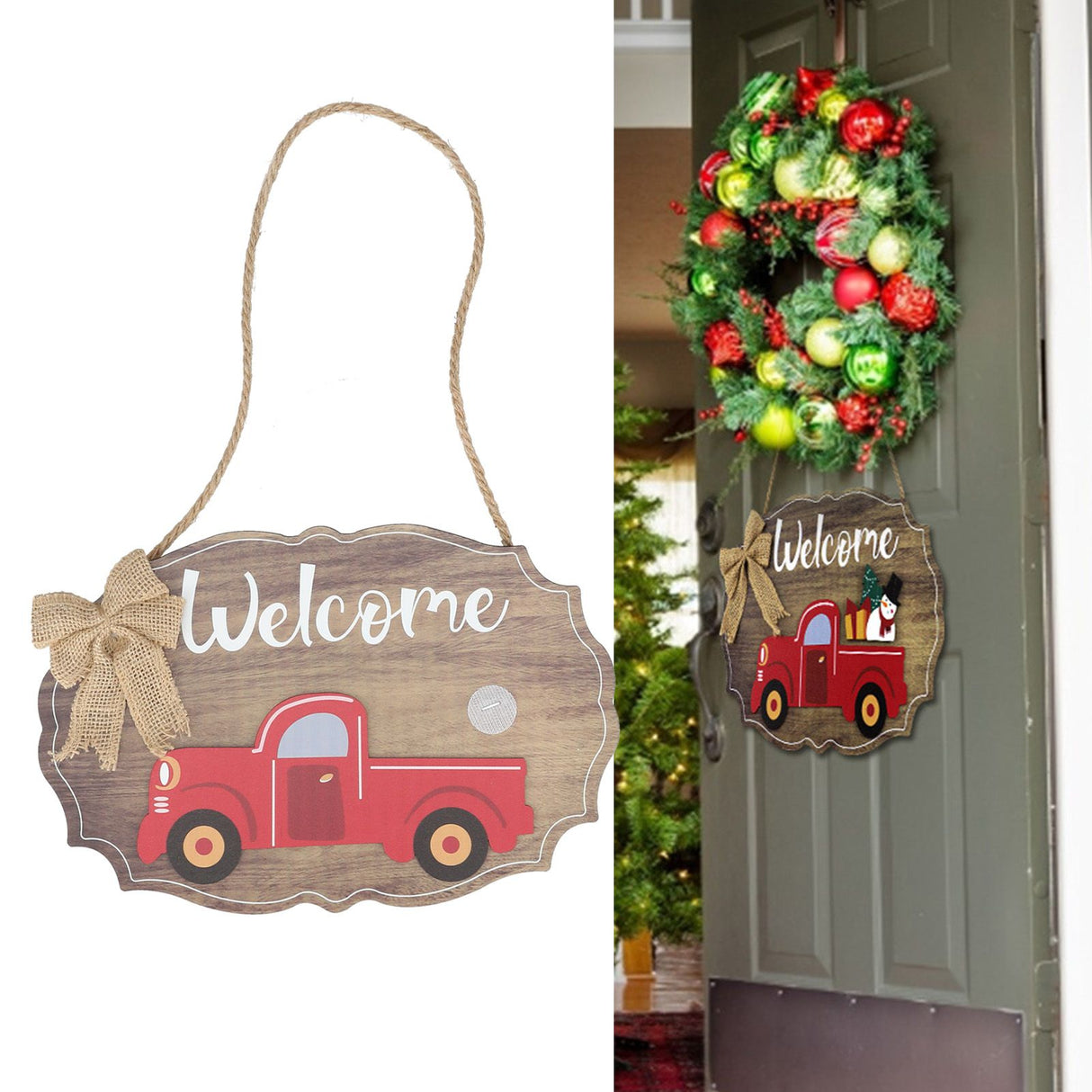 Wooden Welcome Sign with 12Pcs Interchangeable Seasonal Icons Wall Hanging Plaque for Front Door