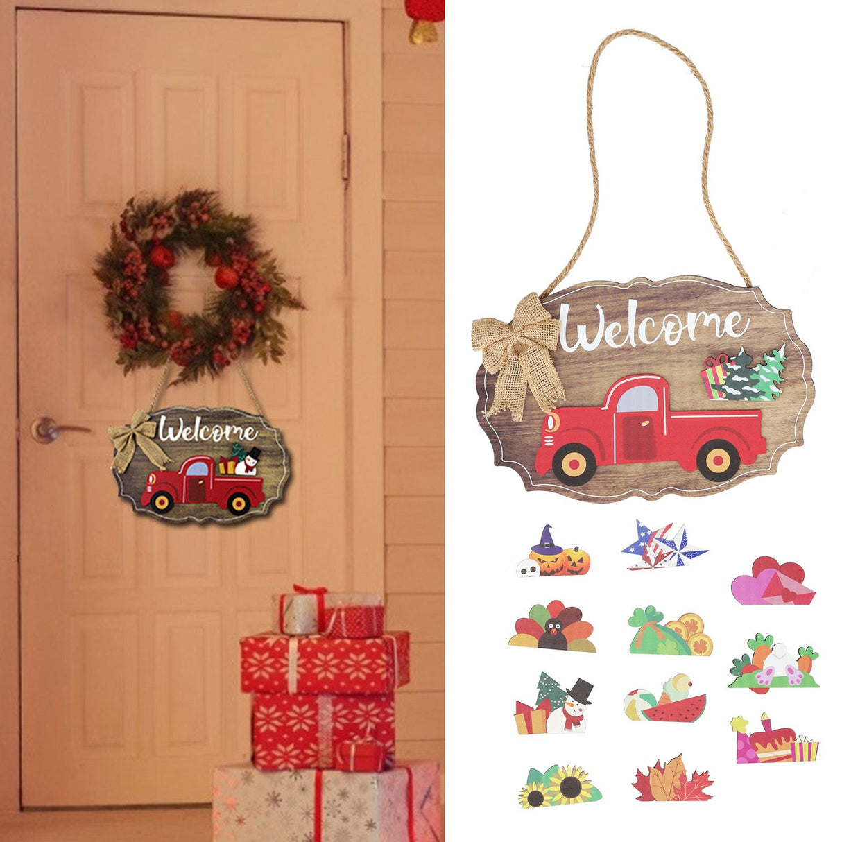 Wooden Welcome Sign with 12Pcs Interchangeable Seasonal Icons Wall Hanging Plaque for Front Door