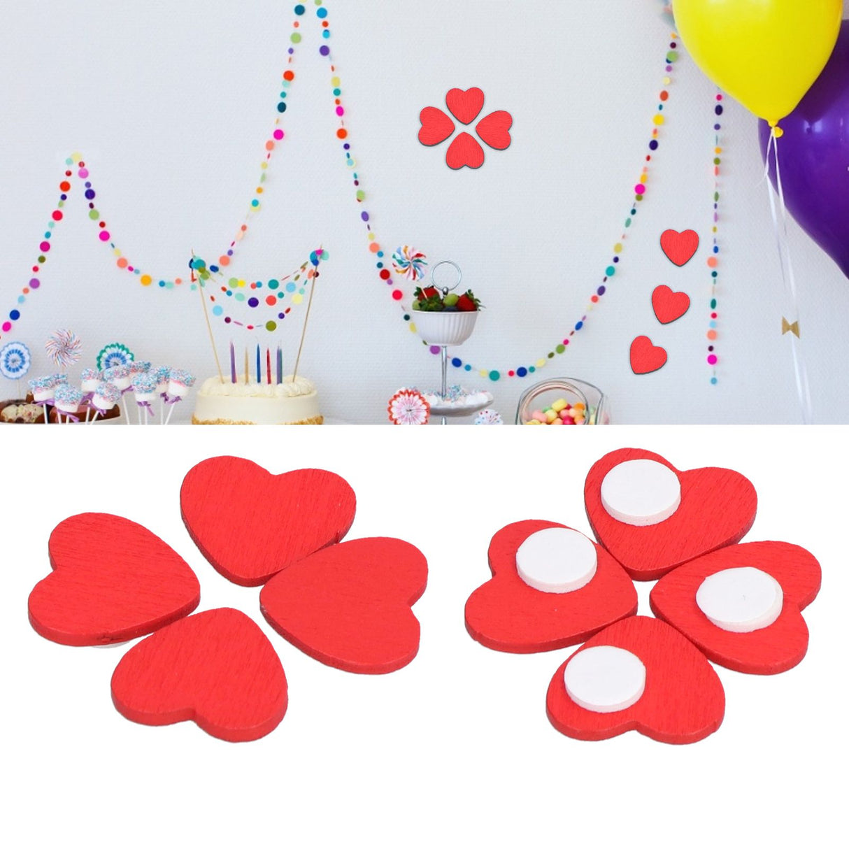 100Pcs Red Wooden HeartShaped Ornament SelfAdhesive DIY Hand Made Home Decoration