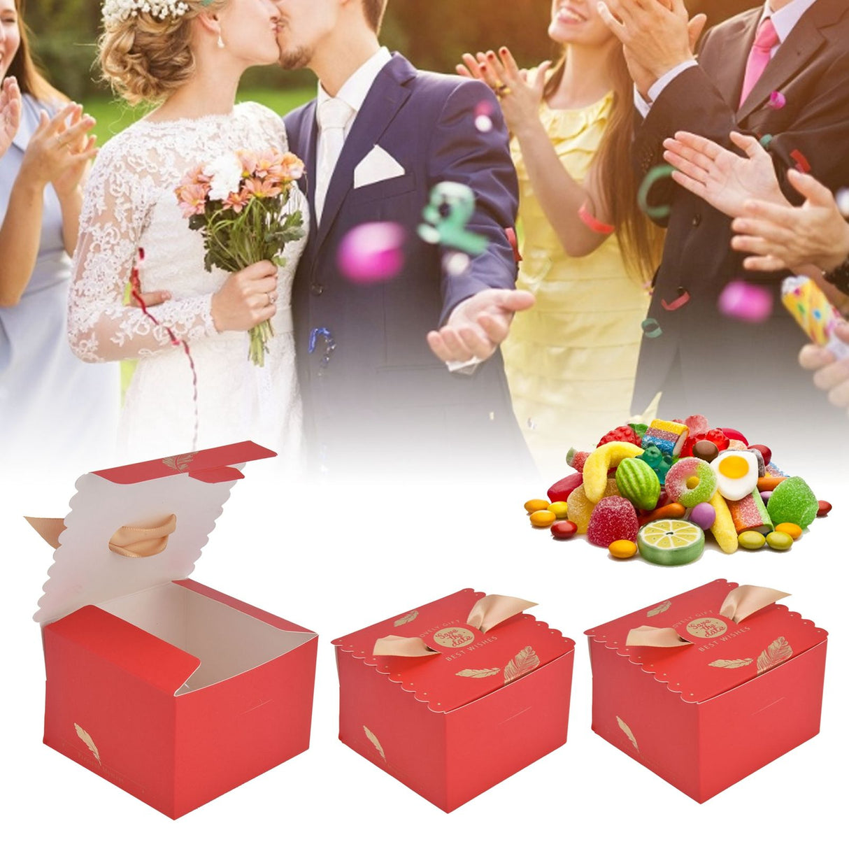 50Pcs Square Wedding Candy Box with Golden Ribbon Innovative Paperboard Box for Party AnniversaryL Red Gold Feather