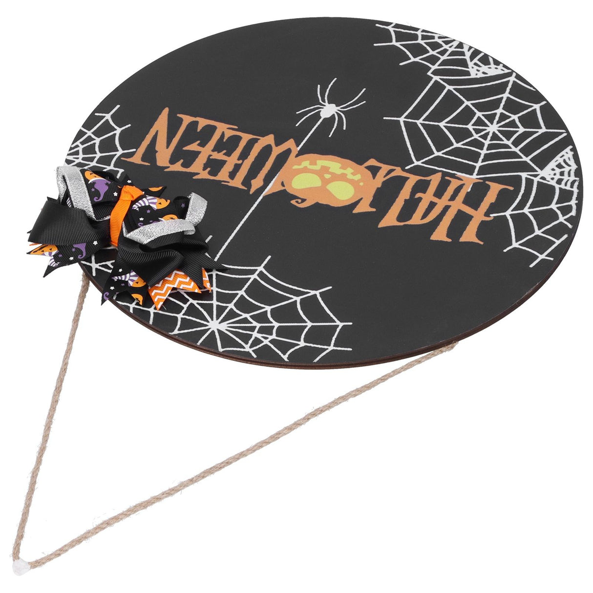 Halloween Spider Web Pattern Wooden Welcome Sign Decorative Hanging Board for Indoor OutdoorWith Bow