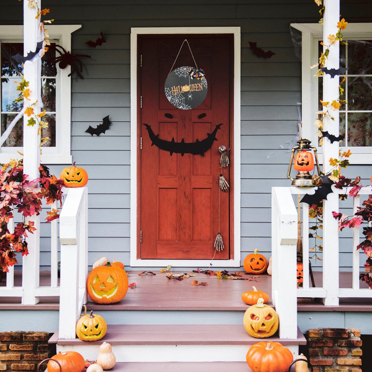 Halloween Spider Web Pattern Wooden Welcome Sign Decorative Hanging Board for Indoor OutdoorWith Bow