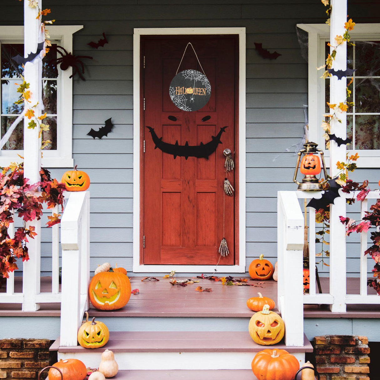 Halloween Spider Web Pattern Wooden Welcome Sign Decorative Hanging Board for Indoor OutdoorWithout Bow