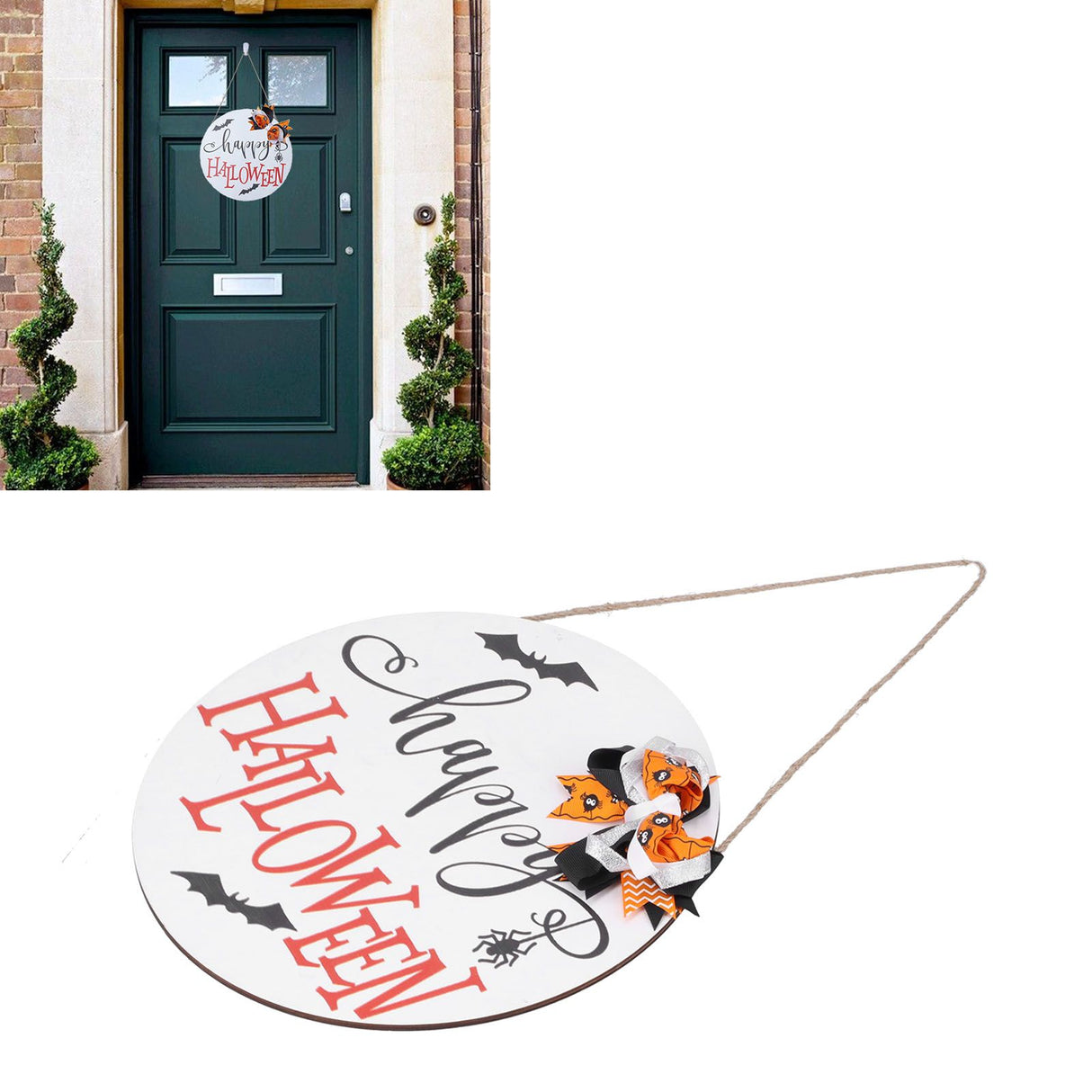 Spider Bat Design Wooden Welcome Sign Hanging Front Door Sign Board for Home FestivalWith Bowknot