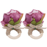 2Pcs Novelty Wooden Napkin Buckle Artificial Floral Napkin Ring for Festival Table DecorationPurple