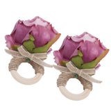 2Pcs Novelty Wooden Napkin Buckle Artificial Floral Napkin Ring for Festival Table DecorationPurple
