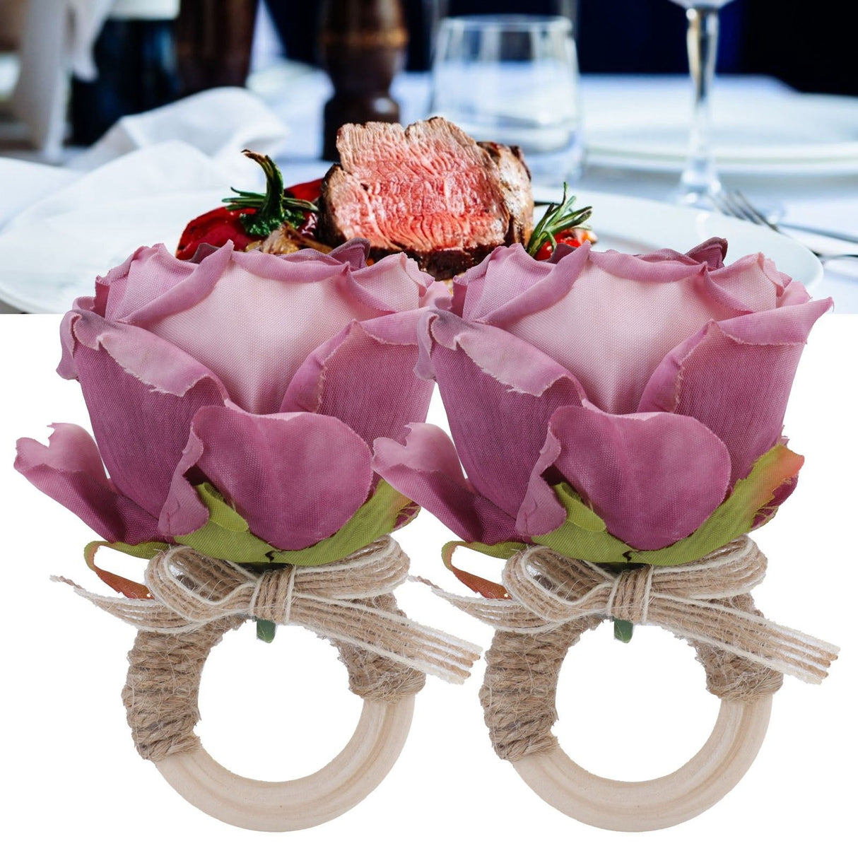 2Pcs Novelty Wooden Napkin Buckle Artificial Floral Napkin Ring for Festival Table DecorationPurple