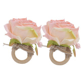 2Pcs Novelty Wooden Napkin Buckle Artificial Floral Napkin Ring for Festival Table DecorationPink
