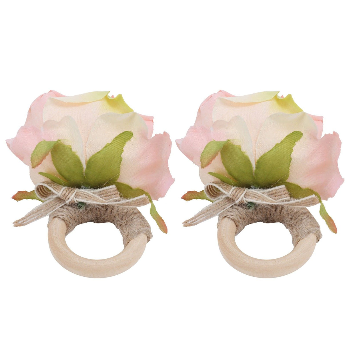 2Pcs Novelty Wooden Napkin Buckle Artificial Floral Napkin Ring for Festival Table DecorationPink