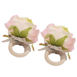 2Pcs Novelty Wooden Napkin Buckle Artificial Floral Napkin Ring for Festival Table DecorationPink