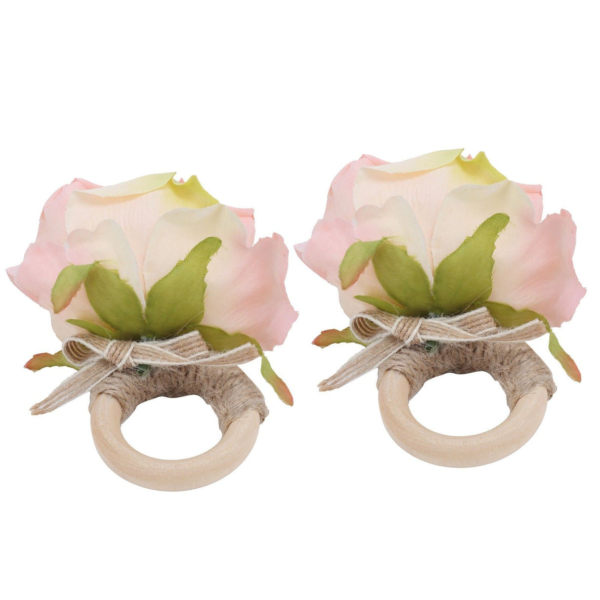 2Pcs Novelty Wooden Napkin Buckle Artificial Floral Napkin Ring for Festival Table DecorationPink