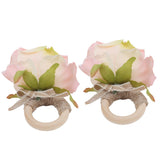 2Pcs Novelty Wooden Napkin Buckle Artificial Floral Napkin Ring for Festival Table DecorationPink - Extra Image