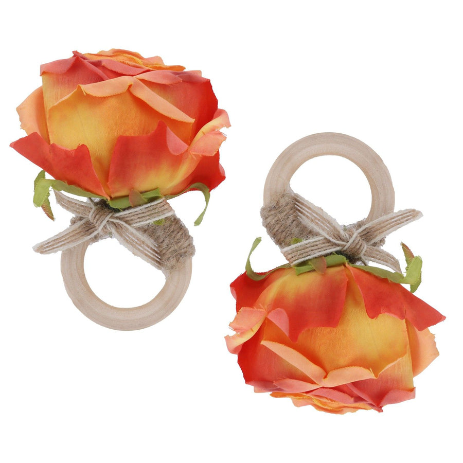 2Pcs Novelty Wooden Napkin Buckle Artificial Floral Napkin Ring for Festival Table DecorationOrange