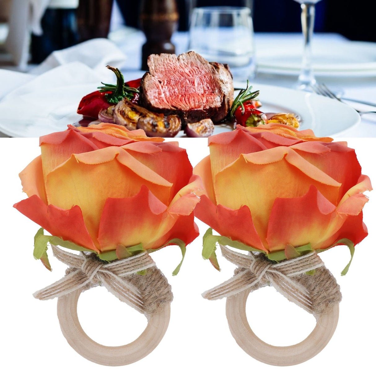 2Pcs Novelty Wooden Napkin Buckle Artificial Floral Napkin Ring for Festival Table DecorationOrange