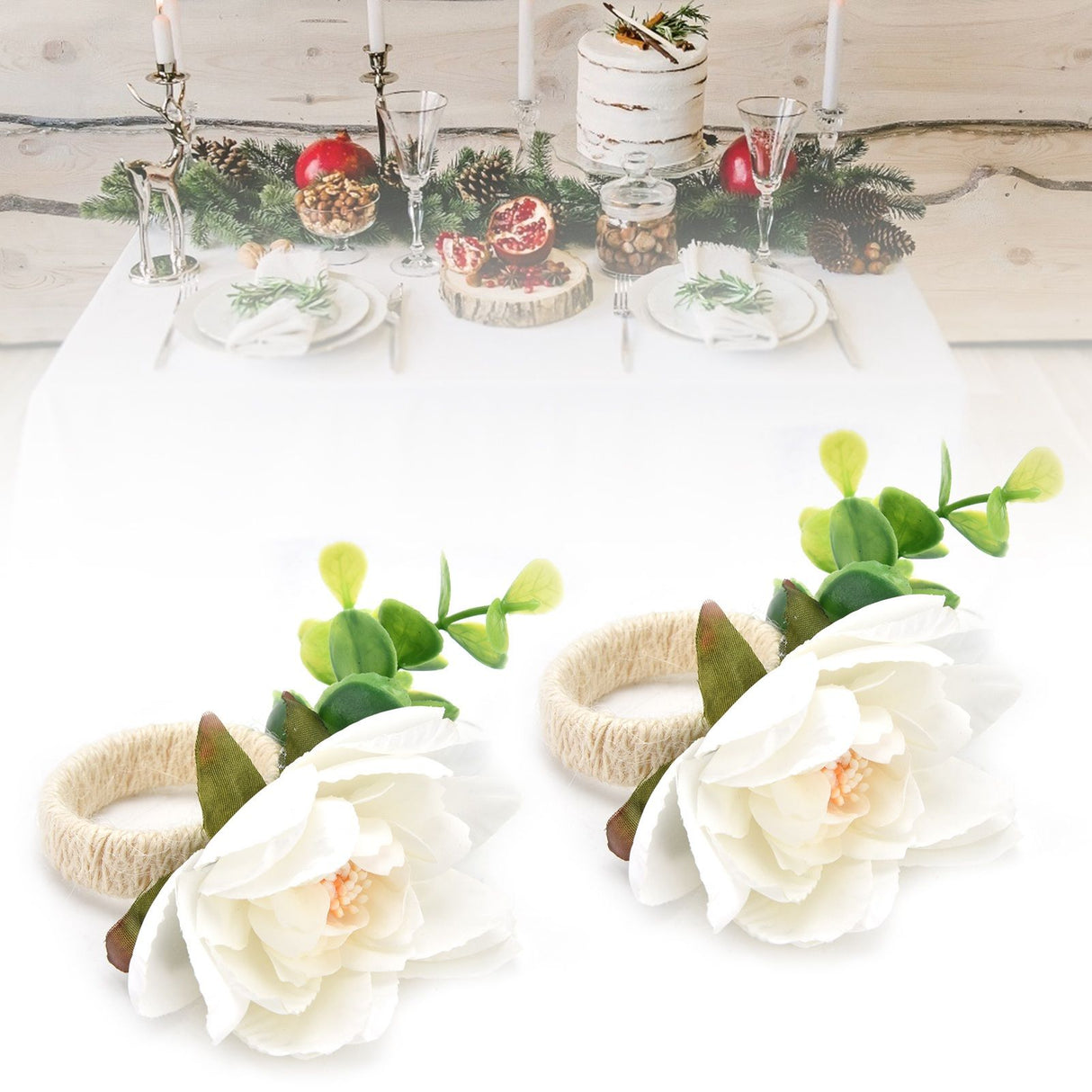 2Pcs Hemp Rope Napkin Buckle Simulation Flower Napkin Ring for Hotel Western Restaurant6622 White
