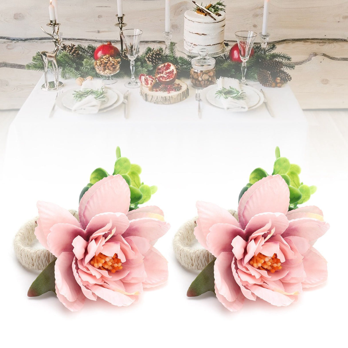 2Pcs Hemp Rope Napkin Buckle Simulation Flower Napkin Ring for Hotel Western Restaurant6622 Pink