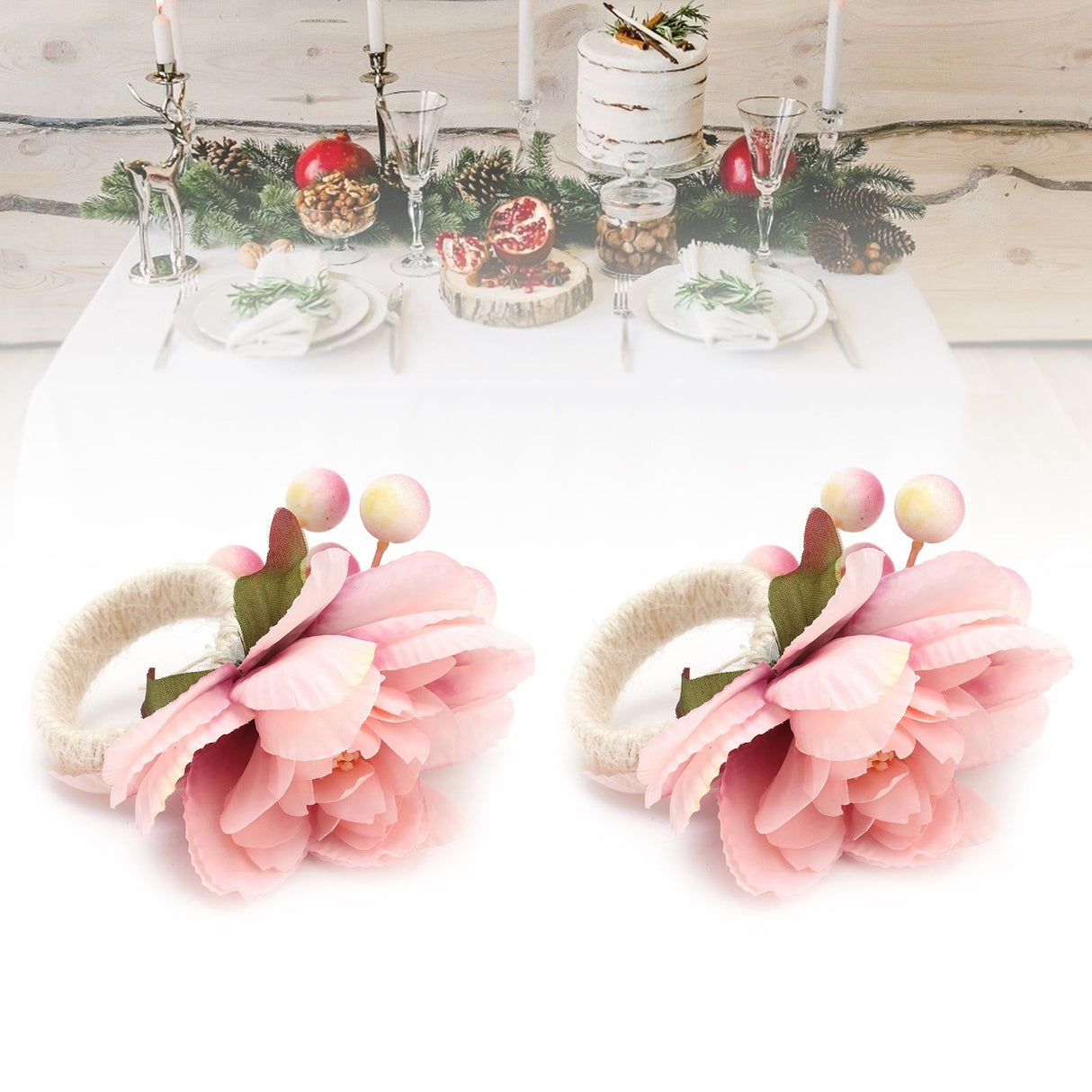 2Pcs Hemp Rope Napkin Buckle Simulation Flower Napkin Ring for Hotel Western Restaurant6623 Pink