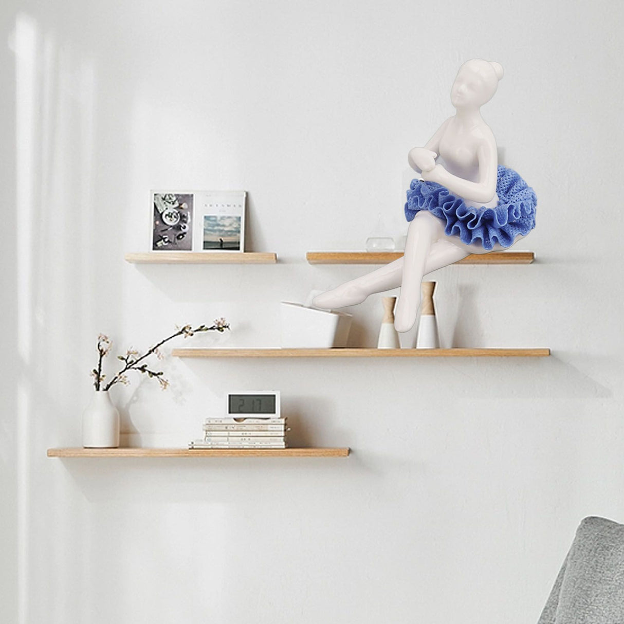 Ballerina Statue Beautiful Relaxed Mood Delicate Ceramic Ballet Dancer Figurine with Blue Dress for Home Tabletop Decoration