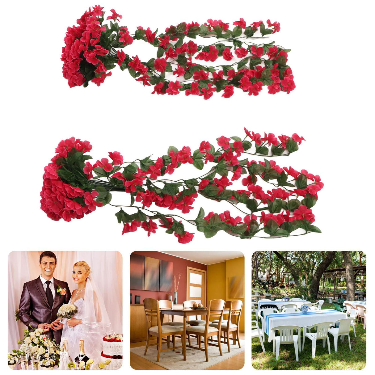 2PCS Artificial Violet Hanging Flowers Simulation Plastic Fake Plants for Decoration Garden Patio Wedding Porch Outdoor Rose Red