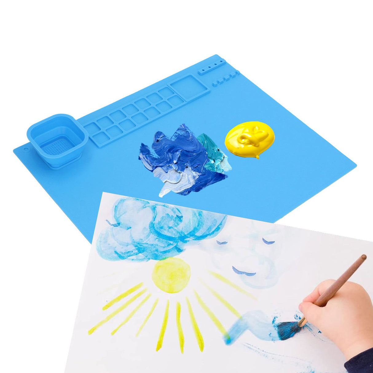 Silicone Painting Mat with Cup DIY Cultivate Artistic Talent Easy To Wipe Silicone Art Mat for Boys Girls Art Supplies Blue