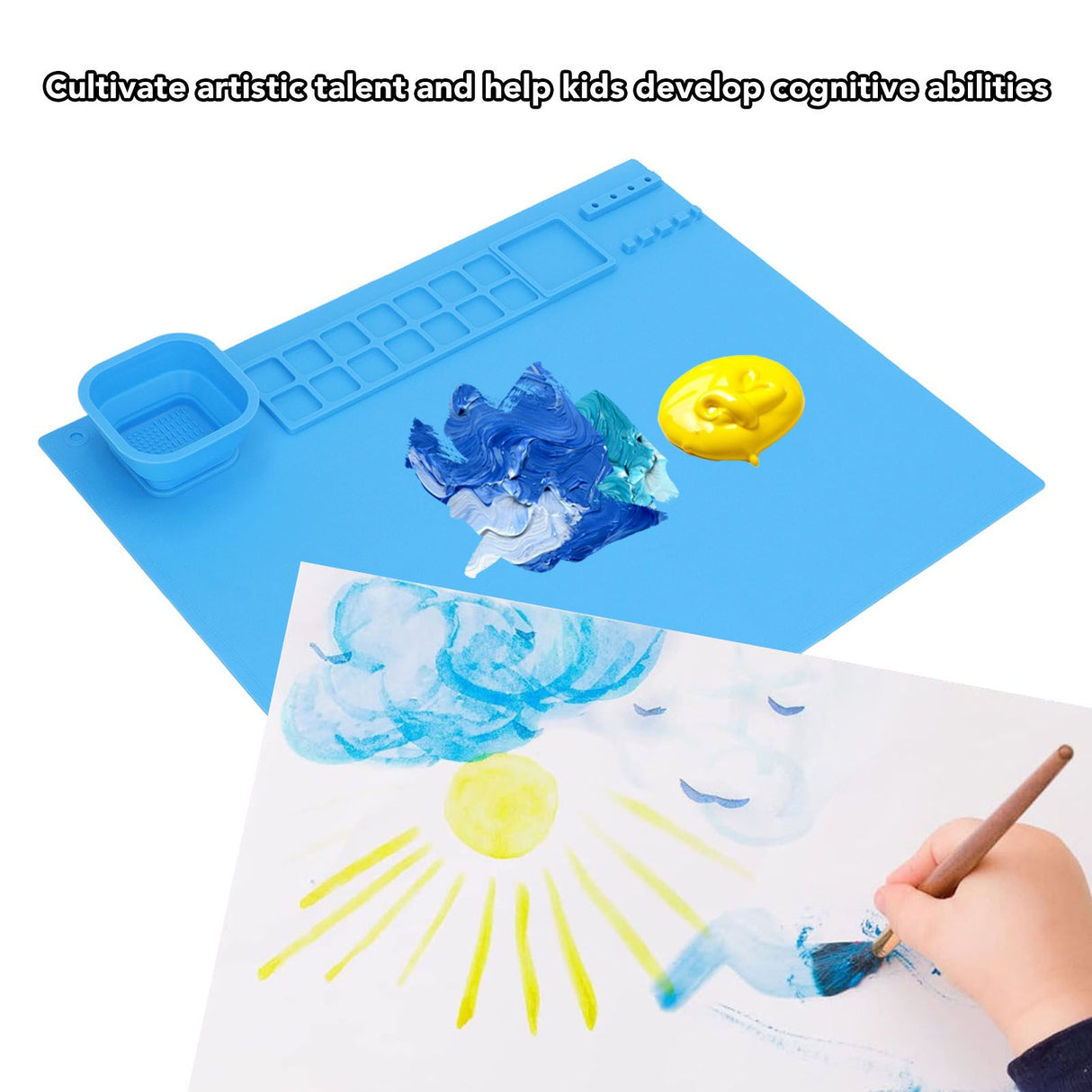 Silicone Painting Mat with Cup DIY Cultivate Artistic Talent Easy To Wipe Silicone Art Mat for Boys Girls Art Supplies Blue