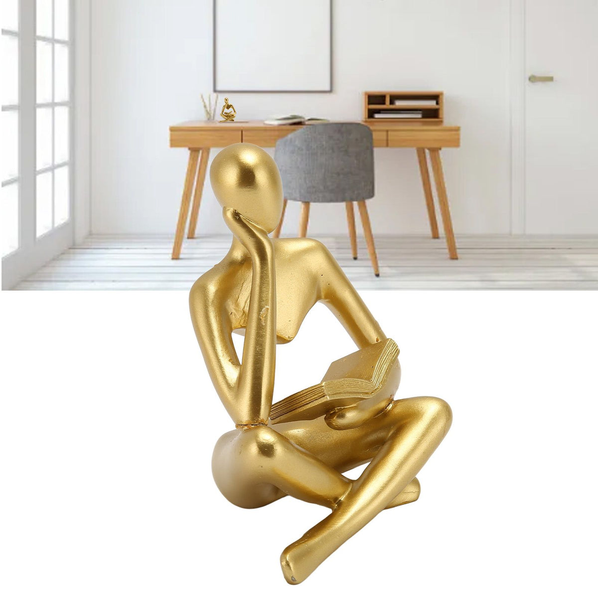 Thinker Reading Statue Resin Sitting Figure Abstract Art Ornament for Living Room Cabinet Decoration Gold