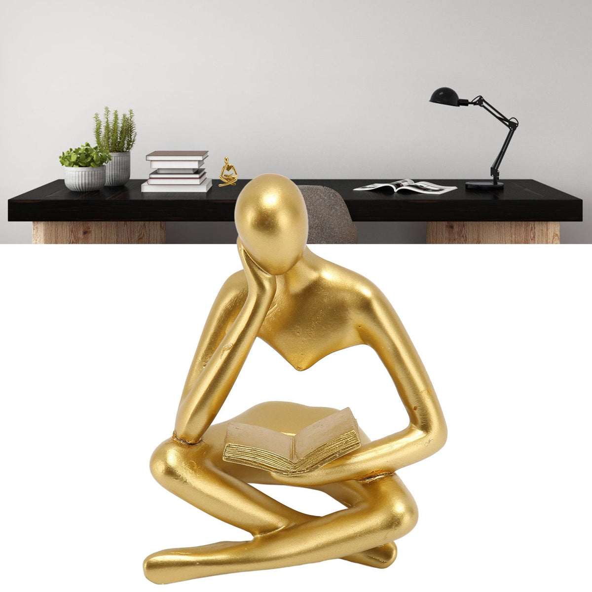 Thinker Reading Statue Resin Sitting Figure Abstract Art Ornament for Living Room Cabinet Decoration Gold